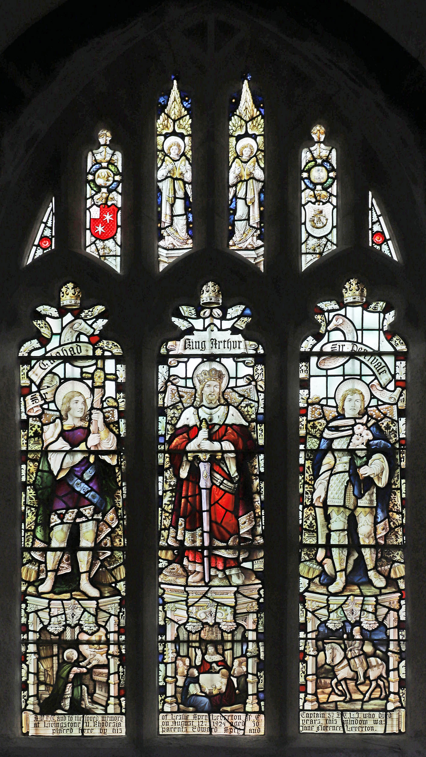 Stained glass window by Percy Bacon, depicting Knights of the Round Table; St Lalluwy's Church, Menheniot, Cornwall.