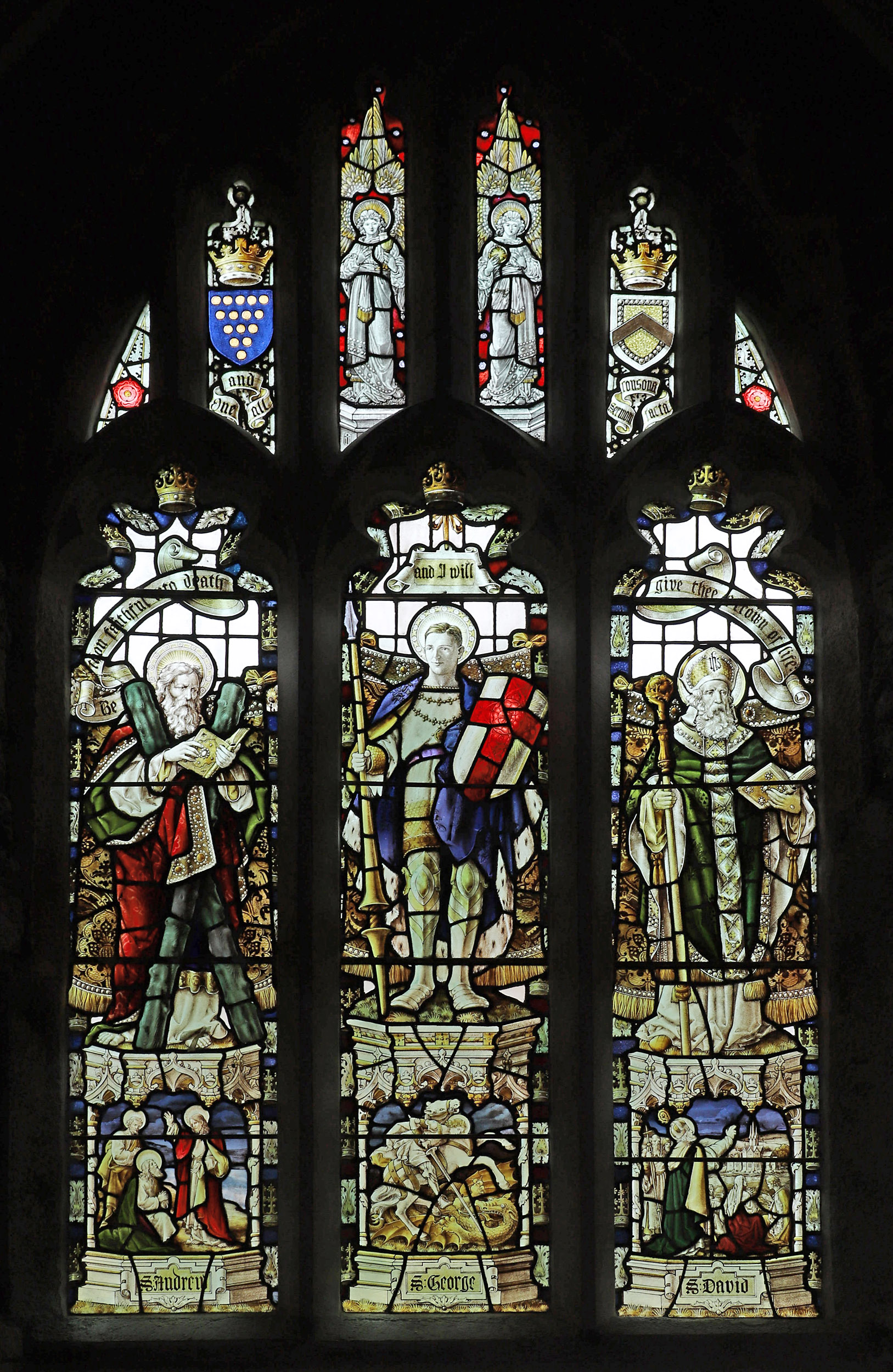 Stained glass window by Percy Bacon; Memorial window, 1920; St Lalluwy's Church, Menheniot, Cornwall.