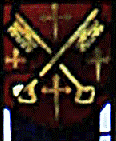 15th century stained glass in the east window of St Martin's Church, Stamford, Lincolnshire; See of Peterborough coat of arms.